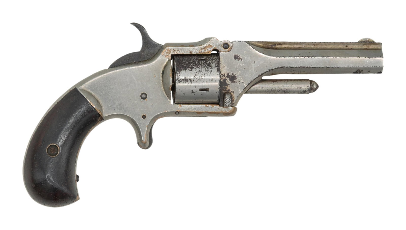 MARLIN XXX 1872 REVOLVER.: Cal. 30 RF. S# 1751. Bbl. 3 1/8" oct. Round blade front sight. Fixed rear sight. Scarce model with 5-shot unfluted cyl. & octagon bbl. Top of bbl. marked "XXX STANDARD 1872". Left rear of bbl. marked