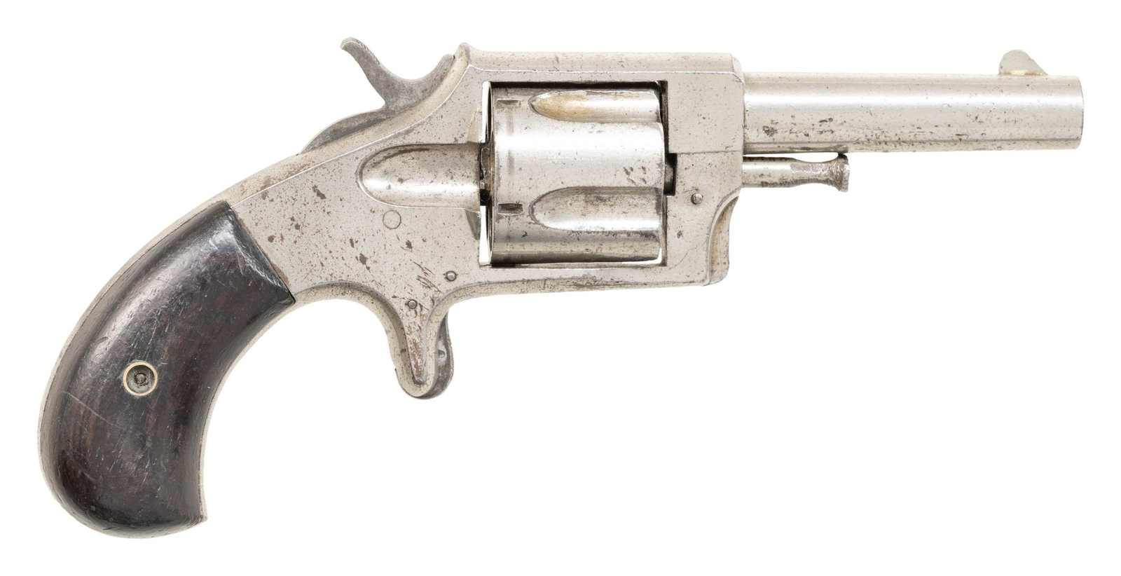 IVER JOHNSON TYCOON NO. 4 REVOLVER.: Cal. 41. S# 2914 (Under grip panel). Bbl. 3". Blade front sight. V-notch rear sight. Iver Johnson 41 rimfire revolver. 5-shot cyl. Nickel finish. Smooth hardwood grips. CONDITION: grips have a