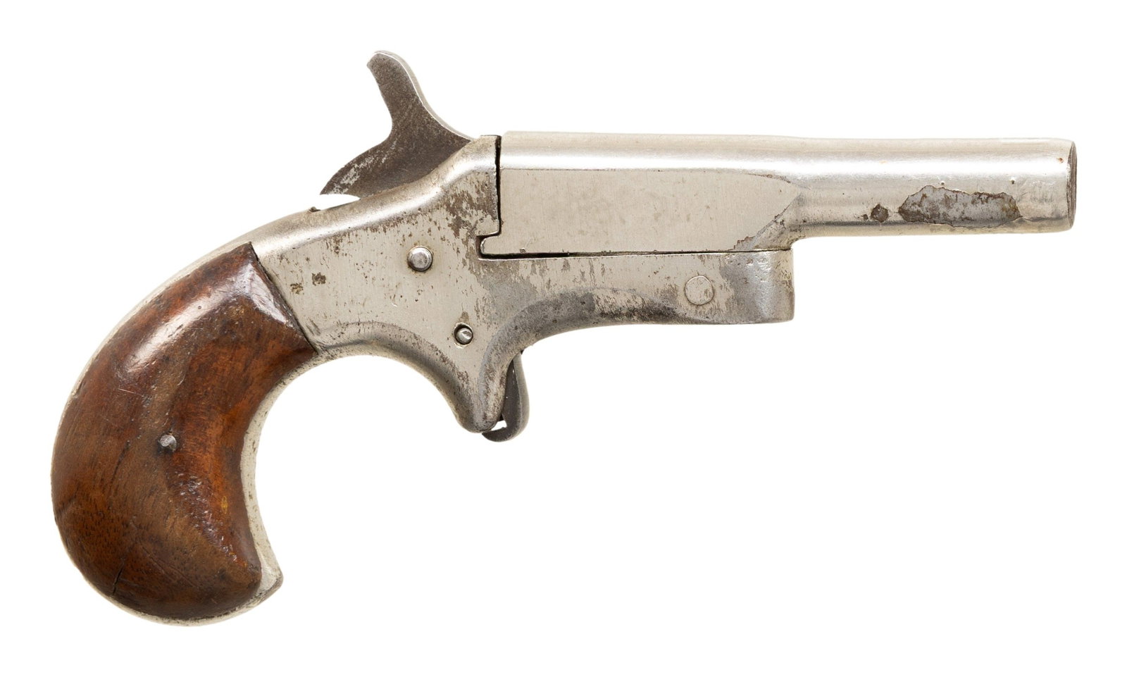 UNMARKED IVER JOHNSON ECLIPSE TYPE DERRINGER.: Cal. 22. S# 445 (beneath left grip panel). Bbl. 2 7/16". Unmarked Eclipse type derringer believed to have been mfg. by Iver Johnson circa. 1870-1880. Derringer is virtually unmarked, save for "445"