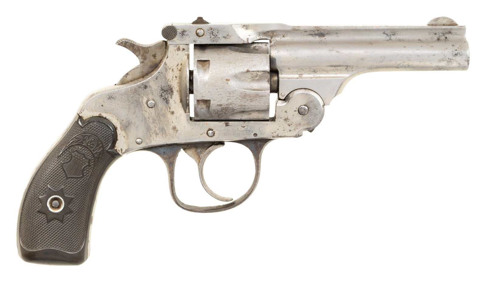 HOPKINS & ALLEN FOREHAND 1901 DA REVOLVER: Cal. 32 S&W. S# F662. Bbl. 3.5". 6 Shot cyl. Hard rubber grips. CONDITION: metal has gray cleaned appearance with prior pitting, spots of oxidation & patina. Good grips. Good rifling. PROVENANCE: Esta