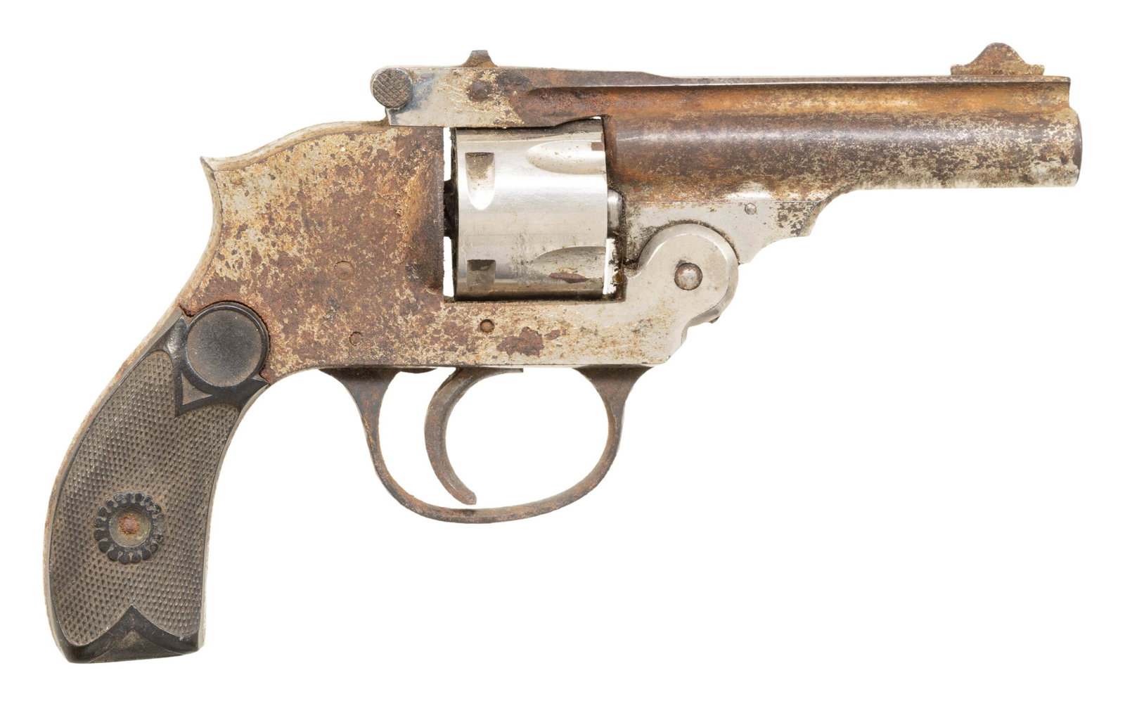MERIDEN FIRE-ARMS CO. 38 HAMMERLESS DA TOP BREAK: REVOLVER. Cal. 38 S&W. S# 229392. Bbl. 3". 5 Shot cyl. Hard rubber grips. CONDITION: fair fading nickel with balance shows oxidation & patina. Good grips. Poor bore. Broken return spring. PROVENANCE: 