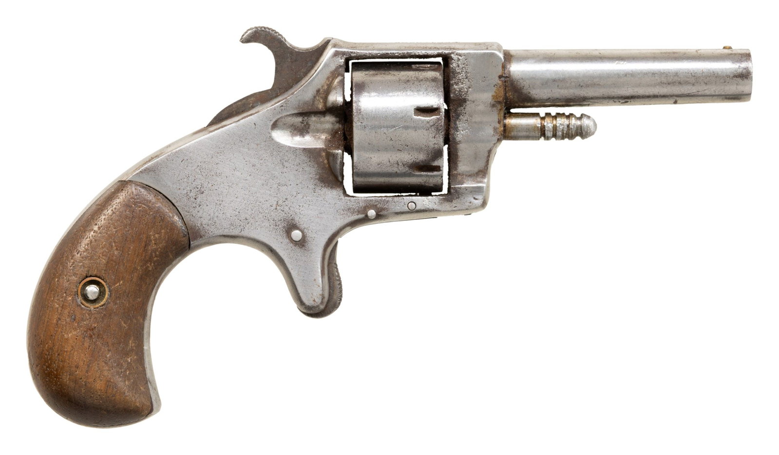 CAPTAIN JACK REVOLVER.: Cal. 22. S# 1035 (Under grips). Bbl. 2 1/4". Low profile brass front sight. Fixed rear sight. 7-shot cyl. Top strap has 1871 patent date & "CAPT JACK" marking. Nickel finish. Smooth hardwood grips. CO