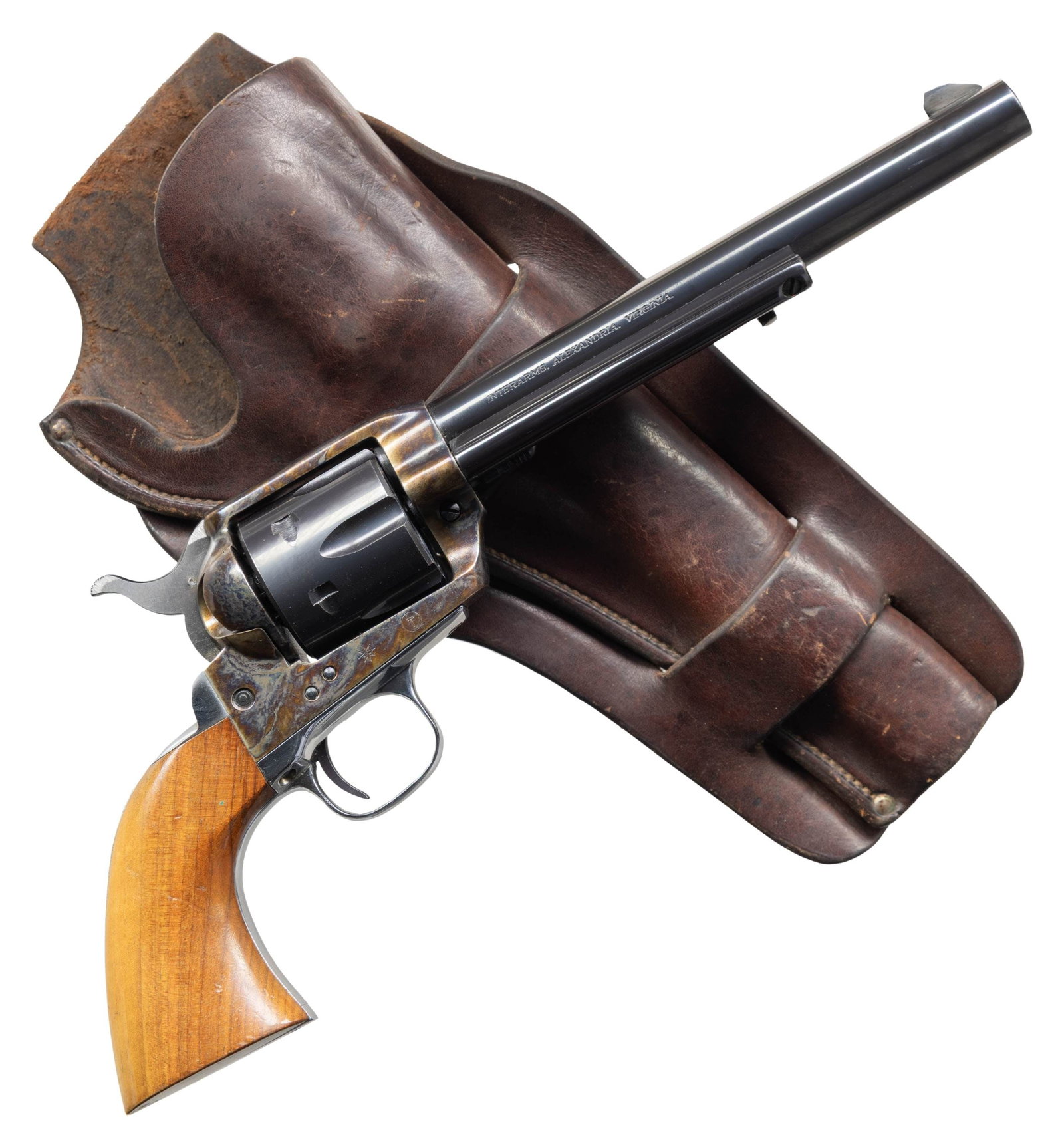HAMMERLI VIRGINIAN SAA REVOLVER.: Cal. 357 Mag. S# C732. Bbl. 7 1/2". Round blade front sight. Fixed rear sight. Bbl. has both Hammerli & Interarms markings. Swiss made SAA style revolver. Case colored frame & loading gate. Silver pla