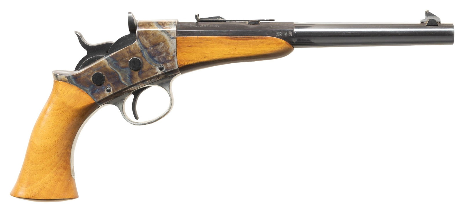 NAVY ARMS / A. UBERTI 1871 ROLLING BLOCK TARGET: PISTOL. Cal. 357 Mag. S# 297. Mfg. 1972 (XX8 Italian code) by Uberti & imported by Navy Arms. Bbl. 9.5". Sporting iron sights w/ white paint on front side blade. Case colored action. Nickel plated bra