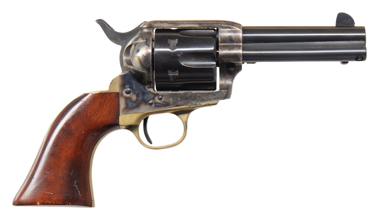 AMERICAN ARMS REGULATOR SA REVOLVER.: Cal. 44-40. S# 122150. Bbl. 4". Italian made copy of a Colt SAA. Blued bbl & cyl. Case colored frame. Walnut grips. CONDITION: overall very fine. 98% orig blue. 80% fading case colors. Grips have some