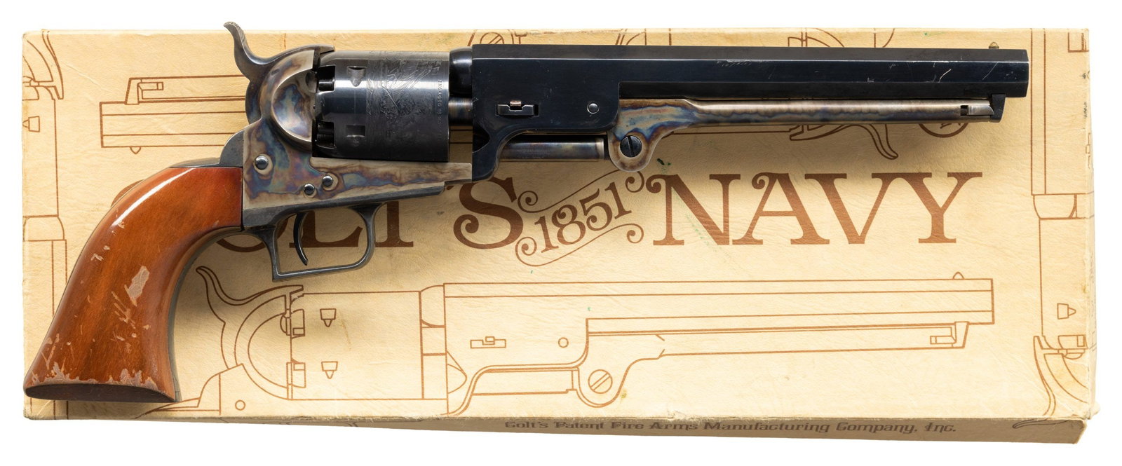 COLT REPRODUCTION 1851 NAVY PERCUSSION REVOLVER.: Cal. 36. S# 12671. Bbl. 7.5". Blued Bbl & Cyl. Case colored hammer, frame, & loading lever. Blued straps. Smooth walnut grips. UNATTACHED ACCESSORIES: orig box. CONDITION: overall very fine with some 