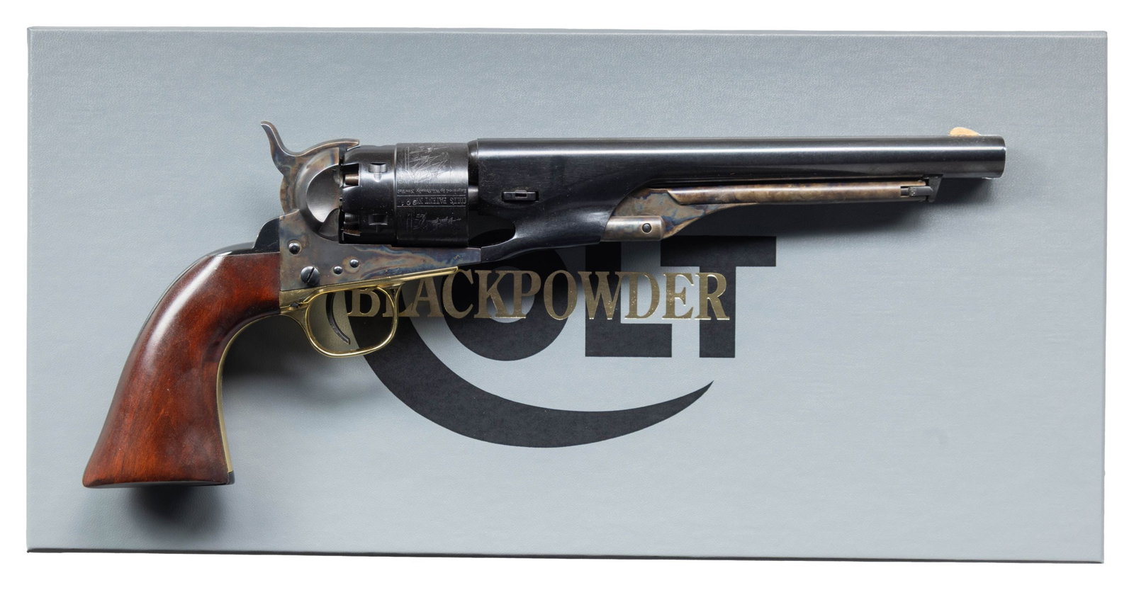 COLT BLACK POWDER SERIES 1860 ARMY WITH ORIGINAL: BOX. Cal. 44. S# 217901. Bbl. 8". High quality reproduction percussion 1860 revolver with case colored frame, loading lever and hammer. Blued bbl, cyl, & back strap. Brass front strap. UNATTACHED ACCE