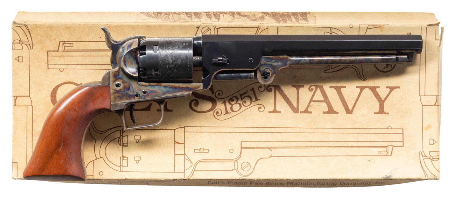 COLT REPRODUCTION 1851 NAVY PERCUSSION REVOLVER.: Cal. 36. S# 6580. Bbl. 7.5". Blued bbl & Cyl. Case colored hammer, frame and loading lever. Silver plated straps. Smooth walnut grips. UNATTACHED ACCESSORIES: orig box. CONDITION: overall very fine. B