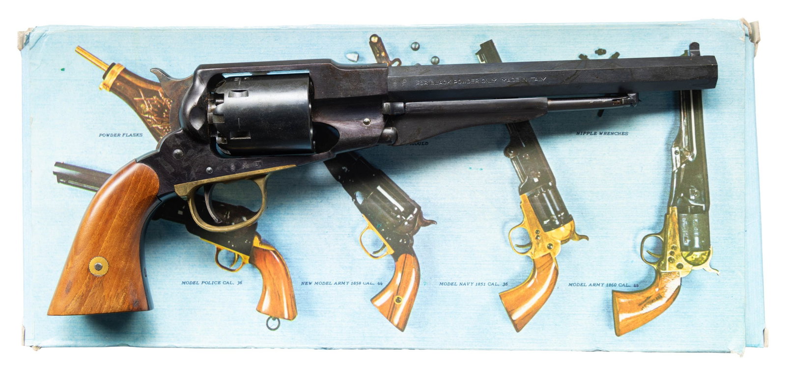 NEAR NEW DGG / ARMI SAN PAOLO NEW MODEL ARMY: SINGLE ACTION PERCUSSION REVOLVER WITH MATCHING BOX. Cal. 44. S# 100276. Bbl. 7 15/16". New Model Army single action percussion revolver mfg. by in Italy by DGG / Armi San Paolo in 1983. Top flat of t