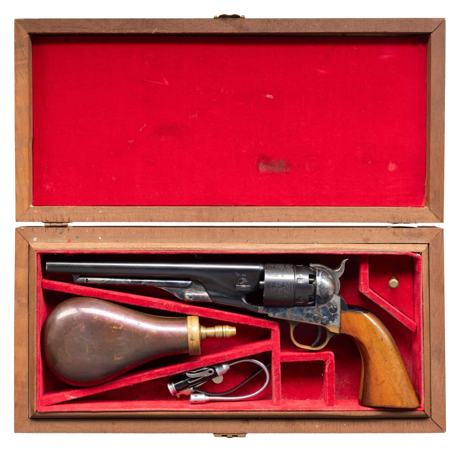 ITALIAN UBERTI MODEL 1860 ARMY SINGLE ACTION: PERCUSSION REVOLVER WITH CASE. Cal. 44. S# A5216. Bbl. 8". Model 1860 Army single action percussion revolver mfg. in Italy by Uberti and imported by Replica Arms Inc. in 1969. Left side of the bbl.
