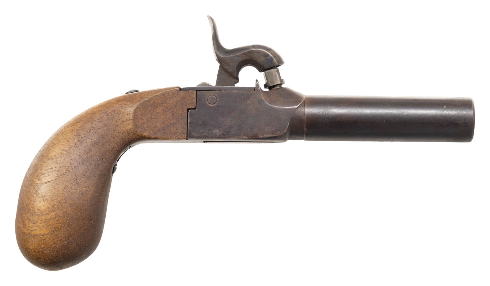 ITALIAN DAVIDE PEDERSOLI SCREW BARREL PERCUSSION: PISTOL. Cal. 45 Rifled. S# 12405. Bbl. 2 3/8". Screw bbl. folding trigger percussion pistol mfg. in Italy by Davide Pedersoli in 1990. Left side of the bbl. is marked with a boxed Italian "AZ" (1990)
