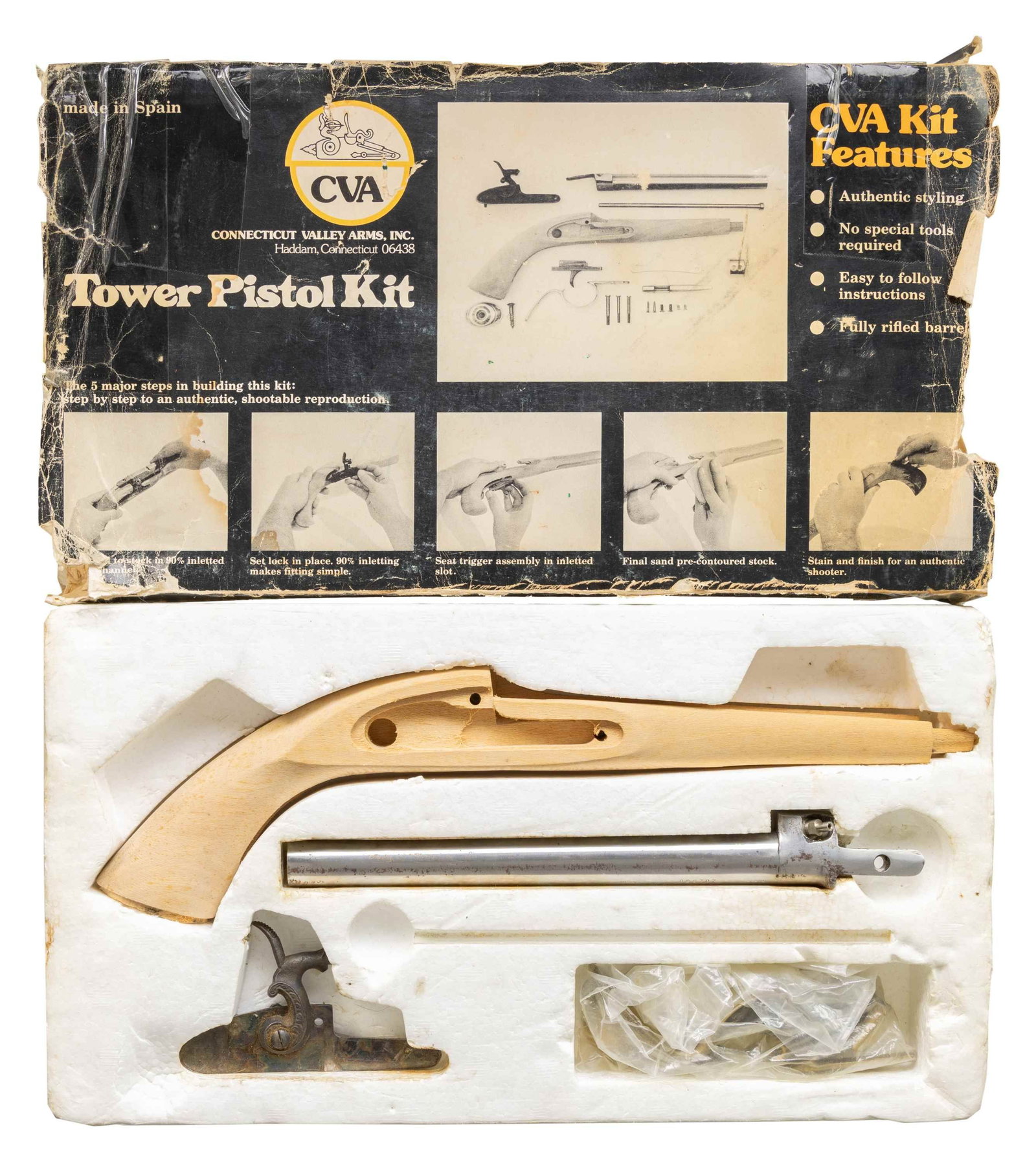 JUKAR / CVA MODEL KA713 TOWER PERCUSSION PISTOL: KIT. Cal. 45. S# 026707. Bbl. 8 1/16". Model KA713 Tower (percussion) Pistol kit mfg. in Spain by Jukar and retailed by CVA. Left side of the stainless steel bbl. is marked "JUKAR", followed by the