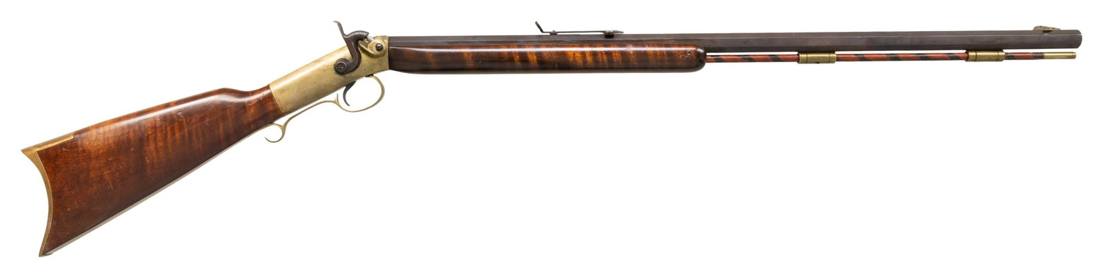 REPRODUCTION ALLEN & WHEELOCK PERCUSSION: SIDEHAMMER RIFLE. Cal. 36. S# 9357. Bbl. 28" oct. Brass blade front sight. Adjustable sporting style rear sight. Modern unmarked reproduction of an Allen & Wheelock percussion rifle. Brass frame,