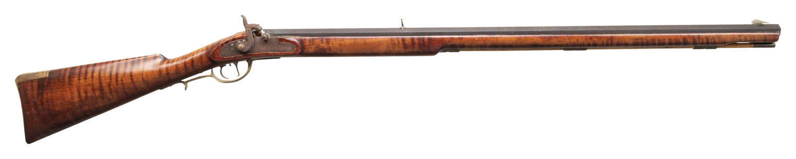 JP HENRY CONTEMPORARY PERCUSSION KENTUCKY RIFLE.: Cal. 50. NSN. Oct. 26" barrel engraved "JP HENRY" on top flat. German silver blade front sight & buckhorn rear sight. Antique finished lock. Dbl. set triggers. Maple full length stock w/ brass finger 
