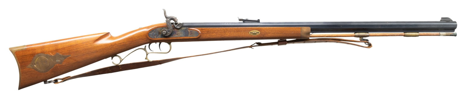 THOMPSON CENTER HAWKEN PERCUSSION RIFLE.: Cal. 50. S# 17020. Bbl. 28 1/2" oct. Bead front sight. Adjustable rear sight. Case colored lock assembly. Blued bbl. Brass trigger guard & stock hardware. Double set triggers. Half-length hardwood