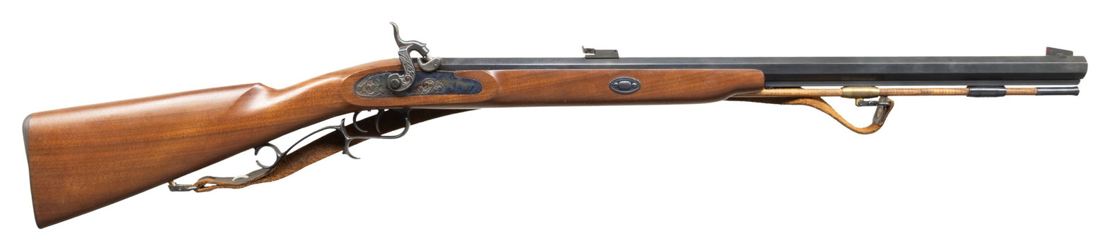 THOMPSON CENTER RENEGADE SMOOTHBORE PERCUSSION: RIFLE. Cal. 56. S# 43242. Smoothbore 26". Fixed sights with red paint added to front blade. Blued & case colored finish. Walnut stock w/ hardwood ramrod. CONDITION: Very good to near excellent