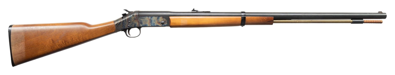 HARRINGTON & RICHARDSON HUNTSMAN TOP BREAK: IN-LINE RIFLE. CAL. 45. S# AJ035473. Mfg. 1972. Bbl. 28" w/ sporting sights & ramrod. Case colored action. Hardwood stock set. CONDITION: very good to near excellent overall appearance with light