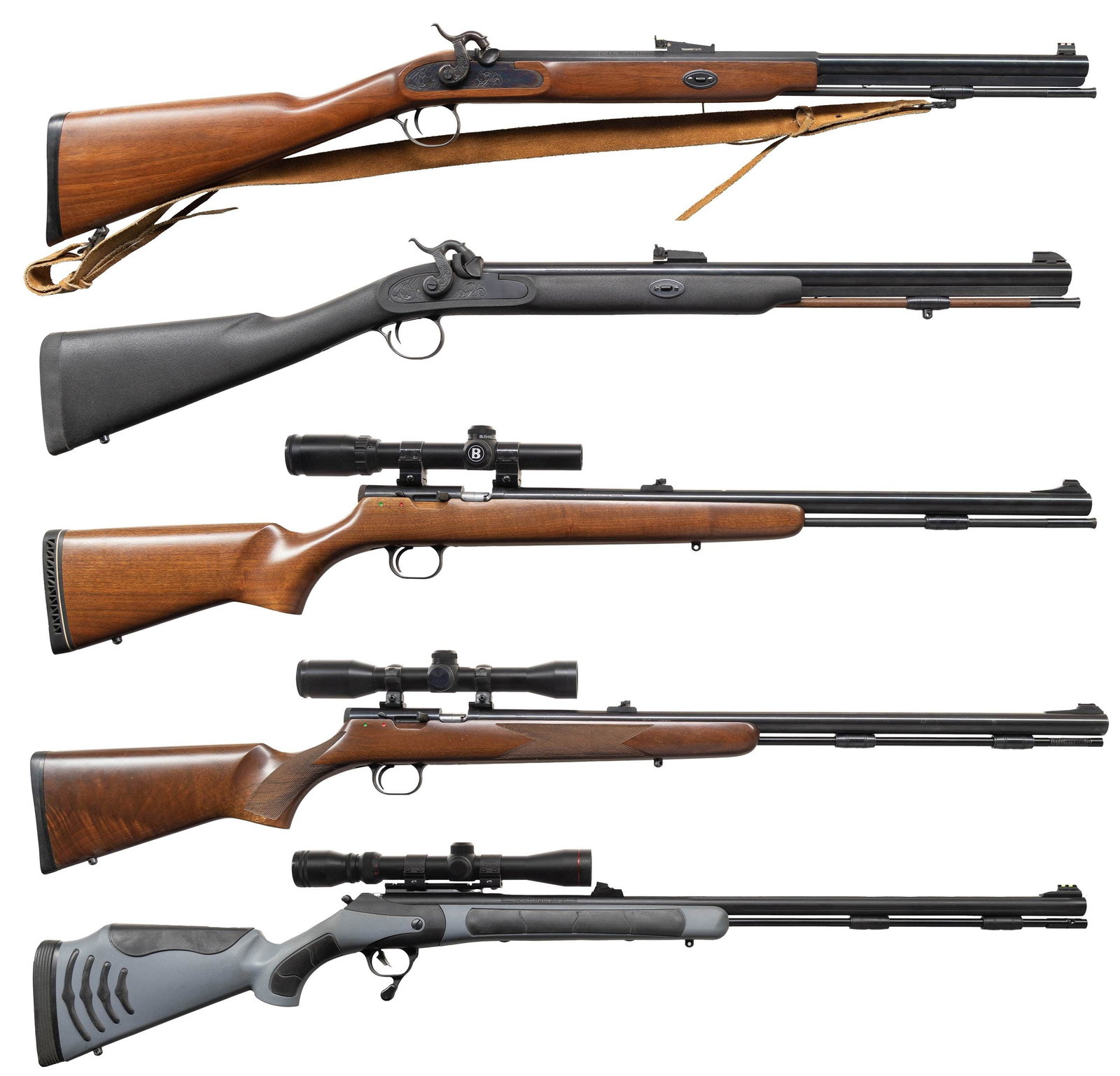 5 MODERN BLACK POWDER HUNTING RIFLES.: 1) THOMPSON CENTER WHITE MOUNTAIN PERCUSSION CARBINE. Cal. 50. S# 34438. 21" part oct bbl with dovetail fiber optic front sight. Adjustable U notch rear sight. Case colored block, straight grip walnut