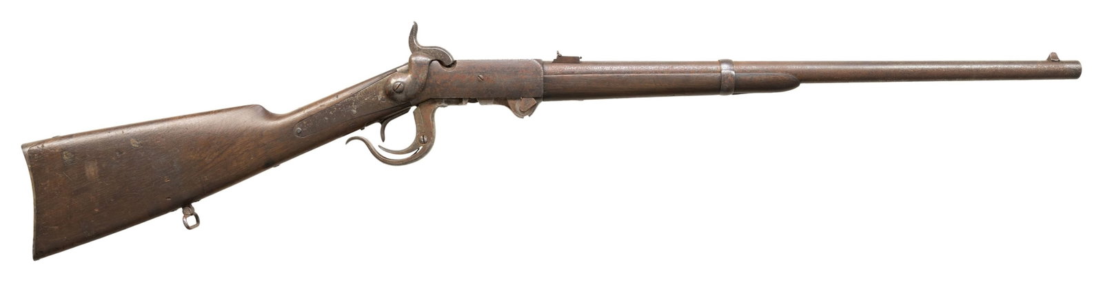 CIVIL WAR 5TH MODEL BURNSIDE SRC.: Cal. 54. S# 2034. Bbl. 21". Standard sights. Walnut stock set w/ "DJS" cartouche on comb & "GKC" cartouche on forearm. CONDITION: metal has gray patina mixed with oxidation. Wood has worn appearance w