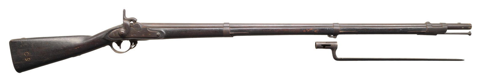U.S. SPRINGFIELD MODEL 1816 PERCUSSION CONVERSION: MUSKET. Cal. 69. NSN. Bbl. 42". Barrel is marked on top "U.S.". Marked on the top left with "eagle head / P / IS / V". The flat lockplate with beveled edges and rounded tail is marked with a partial
