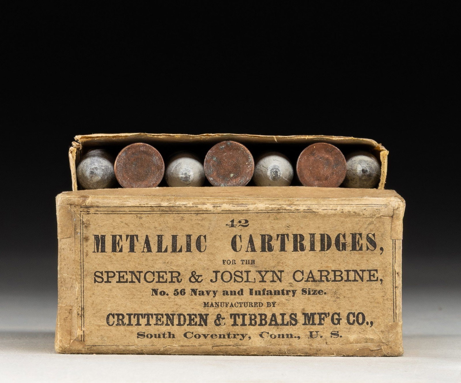 DESIRABLE U.S. CIVIL WAR BOX OF CRITTENDEN &: TIBBALS MANUFACTURING CO. NO. 56 SPENCER & JOSLYN CARBINE AMMUNITION. Complete 42-rd. box of No. 56 (.56-56 Spencer) ammunition mfg. by Crittenden & Tibbals Manufacturing Company in South Coventry,