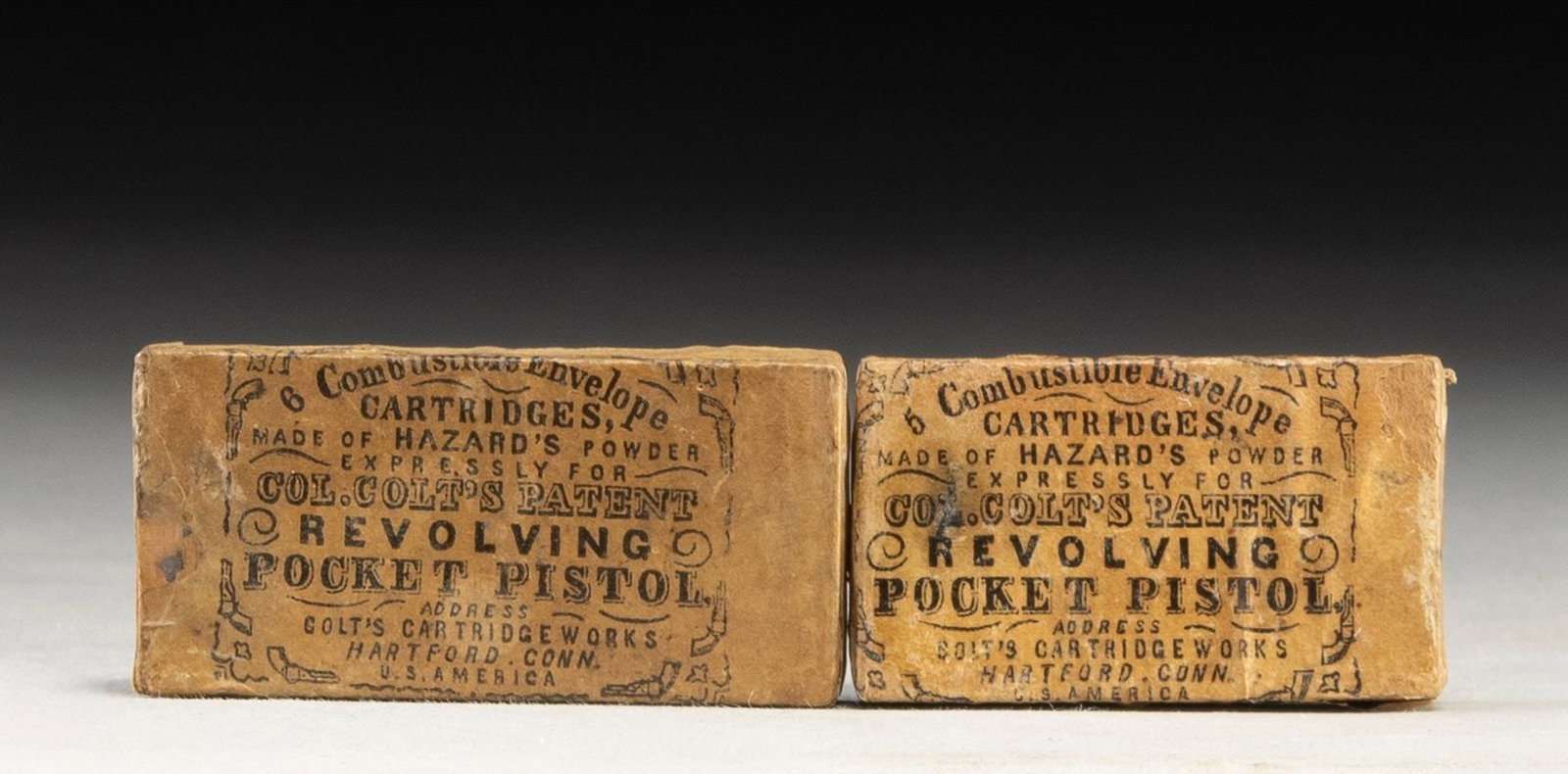 LOT OF 2 SEALED U.S. CIVIL WAR ERA COLT .31: CALIBER AMMUNITION PACKS. Lot consists of 2 Civil War era Col .31 caliber ammunition packs for the Model 1849 Pocket revolver, including: 1) x1 sealed 5-rd. .31 caliber ammunition pack consisting of