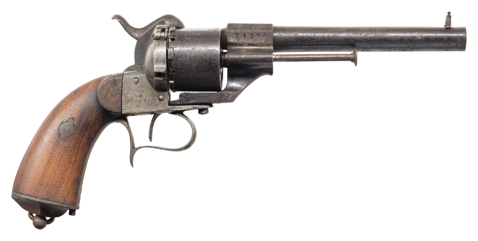 ORBEA HERMANOS LEFAUCHEUX PATTERN SINGLE ACTION: PINFIRE REVOLVER. Cal. 11mm Pinfire. S# 24296. Bbl. 6 5/16". Lefaucheux pattern single action pinfire revolver, mfg. by Orbea Hermanos of Eibar, Spain. Top of the rnd. bbl. is marked "ORBEA HERMANOS