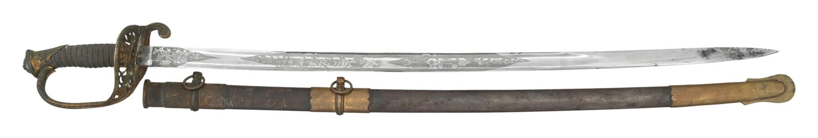 CIVIL WAR ERA US M1850 FOOT OFFICER'S SWORD BY: TIFFANY. This well used US M1850 Foot Officer's sword measures 39 1/4" overall with an engraved blade that measures 32". The engraving includes a large "US", stand of arms, and a federal shield along