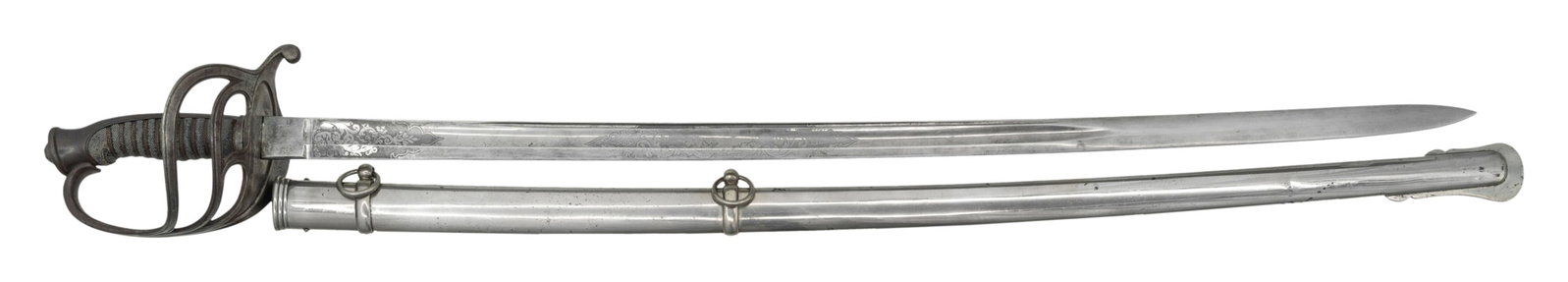 NON-REG CIVIL WAR OFFICERS SWORD.: Based on British pattern from 1830s, steel branched guard with backstrap, sharkskin grip, 32" slightly curved blade with finely etched 7" central panels, one with large "US", the other with patriotic 
