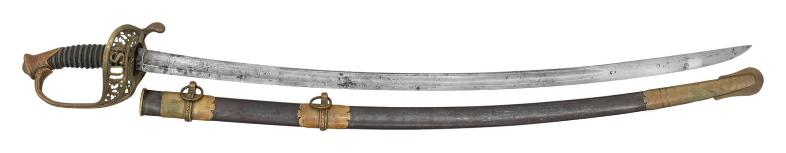 CIVIL WAR MODEL 1850 STAFF & FIELD OFFICER SWORD.: Regulation 1850 staff & field etched blade with Eickhorn, Solingen "squirrel" logo cartouche on ricasso. "Philadelphia" etched among 16" etched panels including large American eagle under ribbon of st