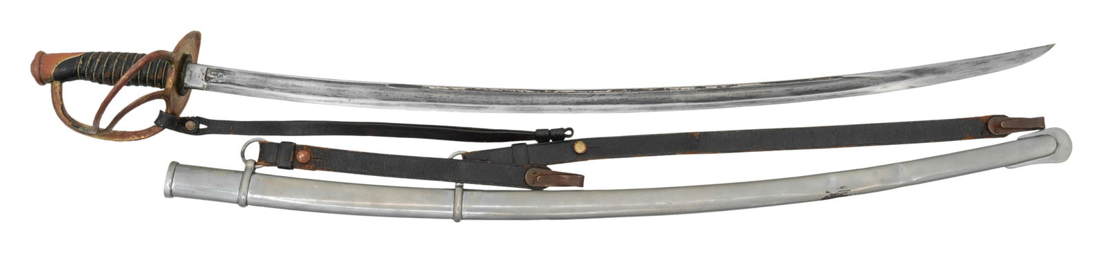 US M1860 CAVALRY SABER ISSUED TO NEW JERSEY TROOPS: A good example of a US M1860 Cavalry saber measuring 43" overall with a plain 35" single fullered blade with a secondary fuller near the spine. The ricasso is stamped "N. J US D.R. 1864" & "AMES MFG C