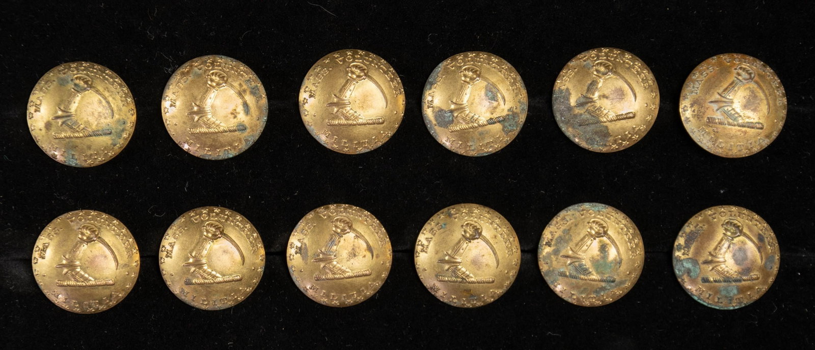 MASSACHUSETTS MILITIA BUTTONS MS-33-B.: 12 Massachusetts Militia buttons known as Albert MS-33-B. The backmark is 16 crosses surrounded by rings. CONDITION: a couple of the shanks are bent over. Most examples have hard green oxidation on th