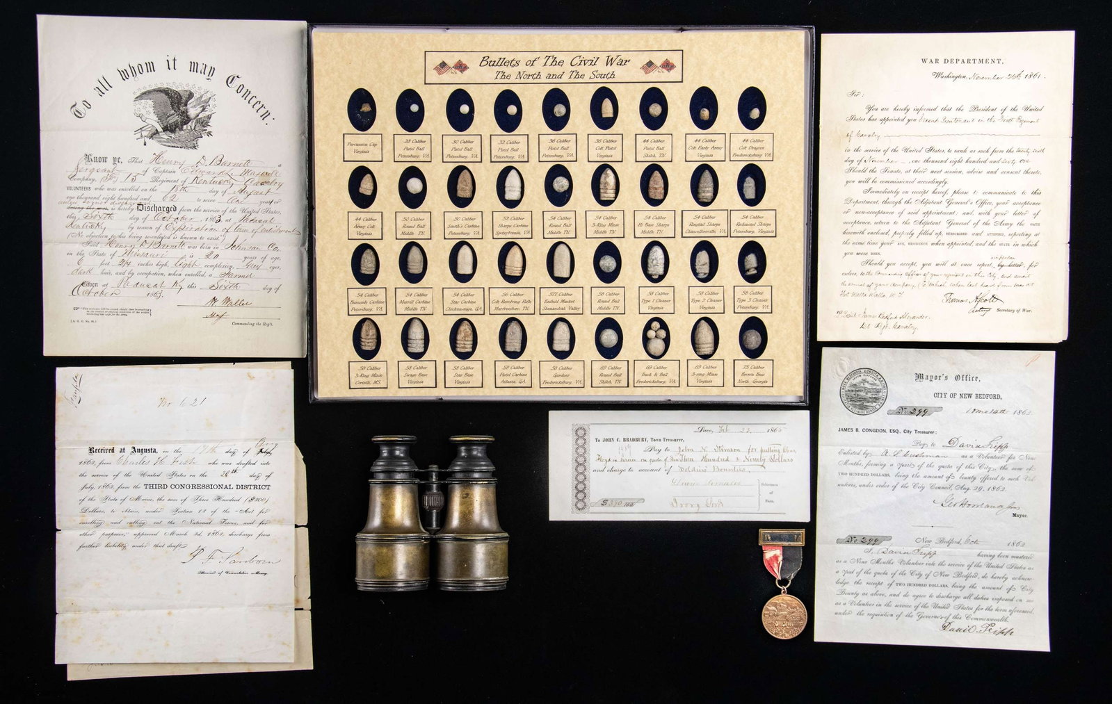 CIVIL WAR BULLET COLLECTION, FIELD GLASSES, (1 of 2)