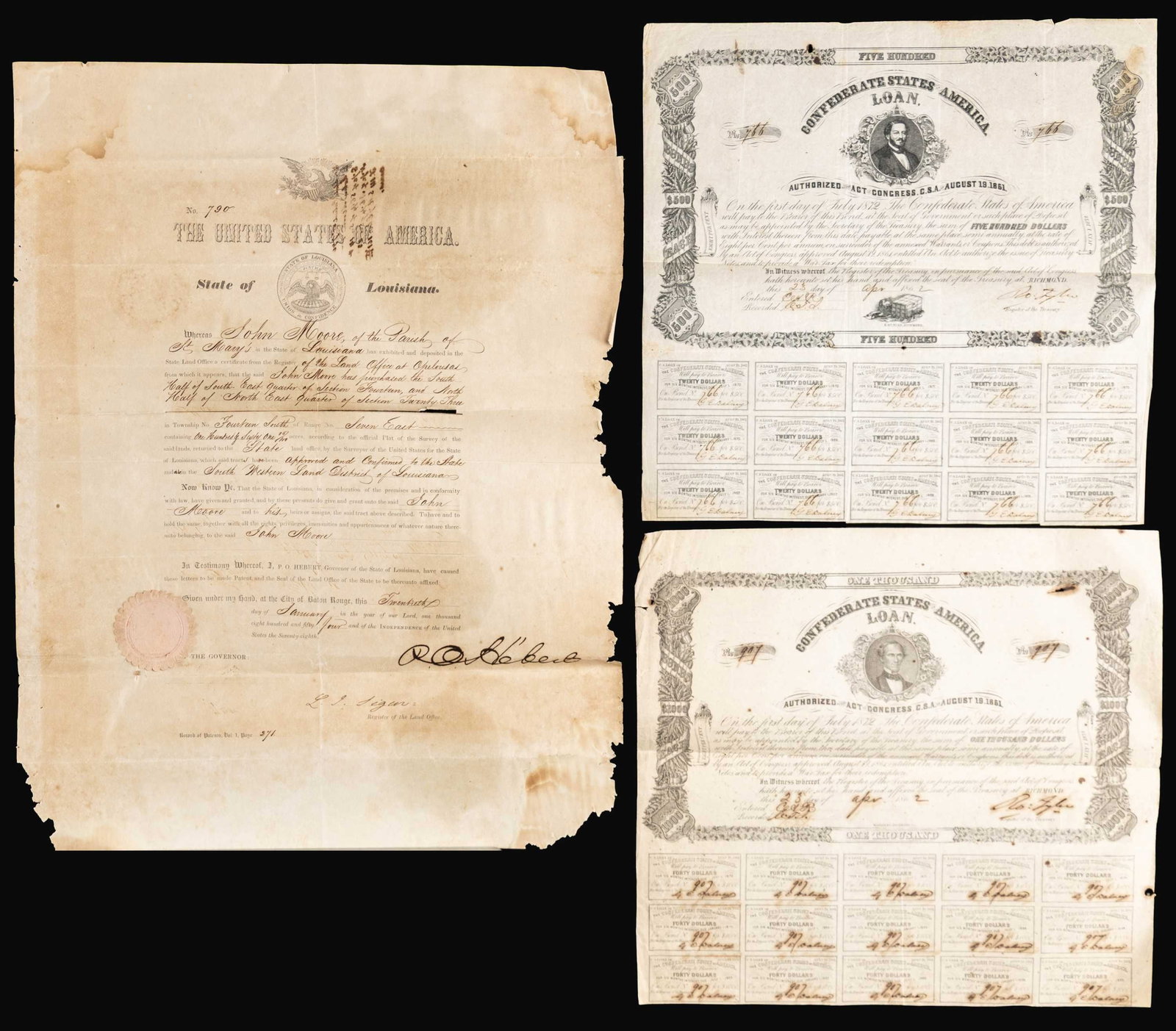 TWO CONFEDERATE BONDS AND LARGE PRINTED ANTEBELLUM (1 of 2)