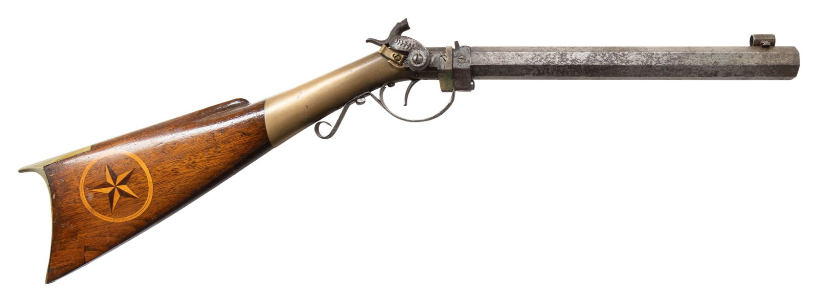 UNMARKED PERCUSSION BUGGY RIFLE.: Cal. 30. NSN. Oct. 11" takedown bbl. w/ globe front sight. Brass action. Walnut stock w/ brass buttplate & 5 pointed star on right side buttstock. CONDITION: barrel is gray/brown patina with marks & p