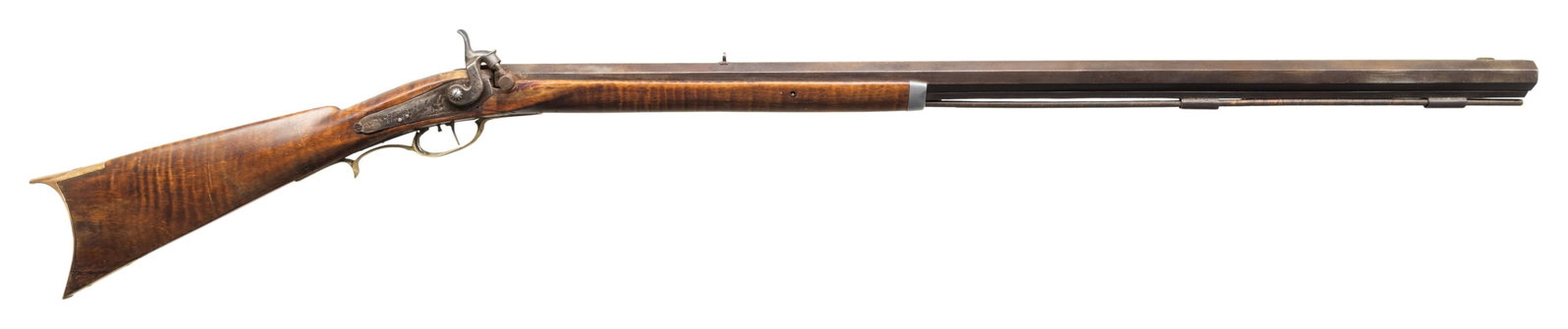 "WM" SIGNED HALF STOCK PERCUSSION RIFLE.: Cal. 32. NSN. Oct. 35" bbl. signed "WM" behind semi-buckhorn fixed rear sight; German silver blade front sight. Barrel underrib has 2 pipes holding hardwood ramrod. Bolster percussion ignition. Hammer