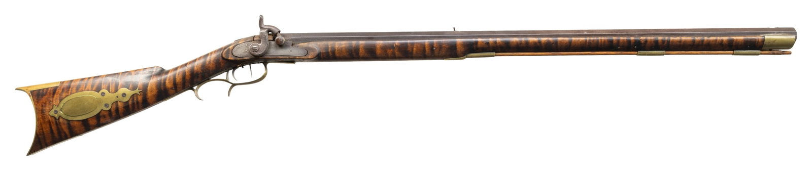 WILLIAM CRAIG 1840s PERCUSSION RIFLE.: Cal. 34. S# NSN. Bbl. 30' heavy non tapered octagon (1" across flats) with low profile brass blade front and semi-buckhorn fixed rear. Mfg. 1844-1847 in Pittsburgh, PA; (Craig was born in England)