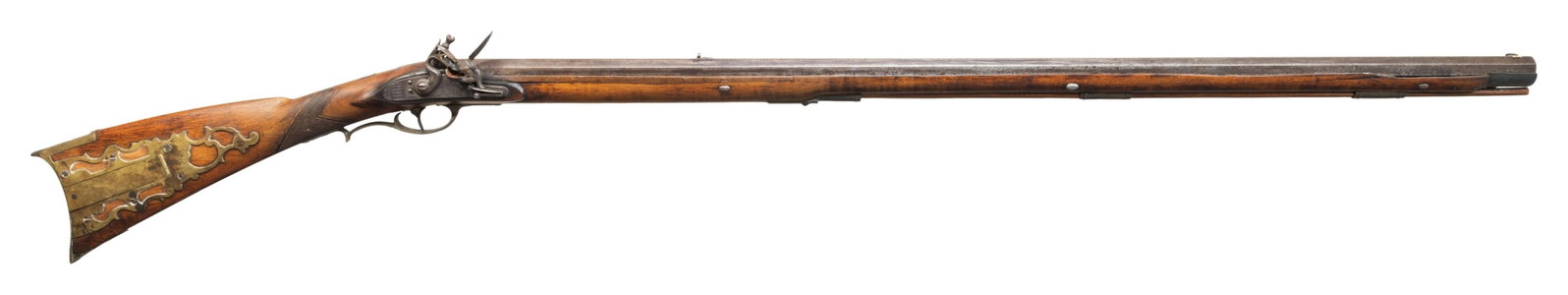 UNSIGNED FULL STOCK FLINTLOCK KENTUCKY RIFLE.: Cal. 45. NSN. Bbl. 39" Oct with dovetailed German silver front sight. Dovetailed rear sight. I&H Meacham lock. Single trigger. Brass furniture. Pierced 2 piece patchbox with release on the toeline