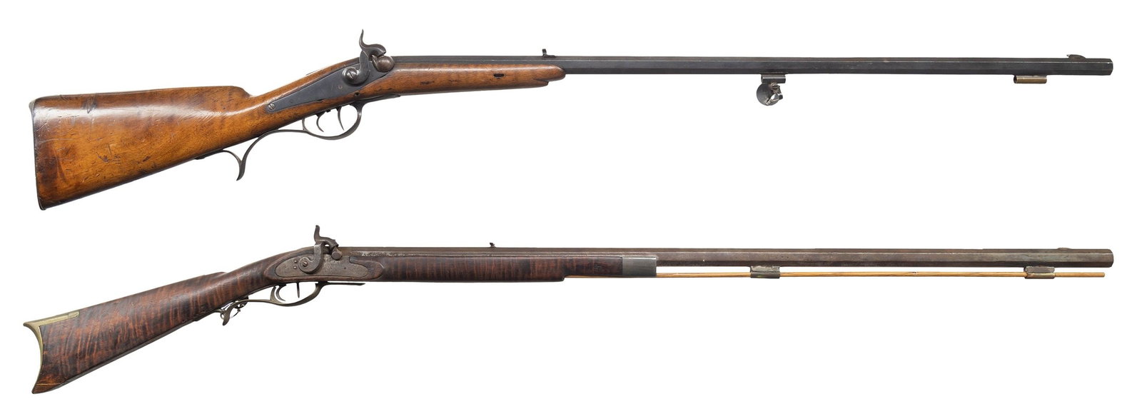 TWO PERCUSSION RIFLES.: 1) UNMARKED BACK ACTION PERCUSSION HALF STOCK. Cal. 36. NSN. Bbl 27" oct with dovetailed altered blade front sight, dovetailed fixed rear sight. Double set triggers. Straight grip walnut stock with