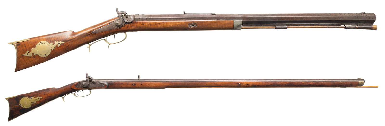 2 EARLY PERCUSSION RIFLES.: 1) JOHN WILKES HEAVY BBL BACK ACTION HALF STOCK RIFLE. Cal. 60. NSN. Bbl. 32" with dovetailed German silver blade front sight. Sporting rear sight. Filled bbl dovetails. Maker signed top flat.