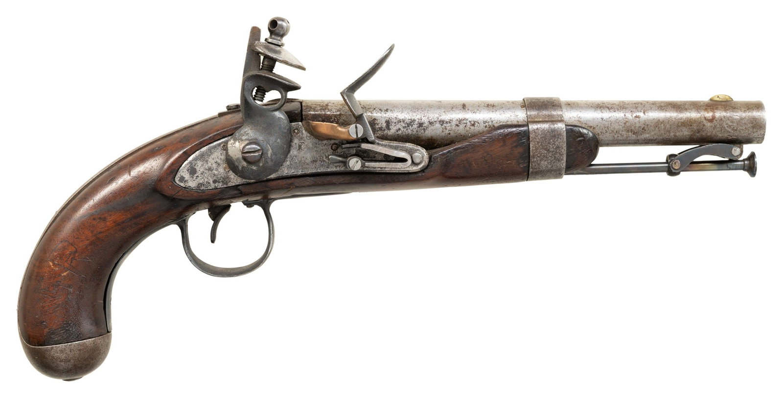ASSEMBLED US PARTS FLINTLOCK PISTOL.: Cal. 54. NSN. This pistol appears to have been assembled using various US Flintlock parts. Smoothbore 8.5" bbl. with brass blade front sight, swivel ramrod & "US / JH" proof. "Millbury M / 1838" lock