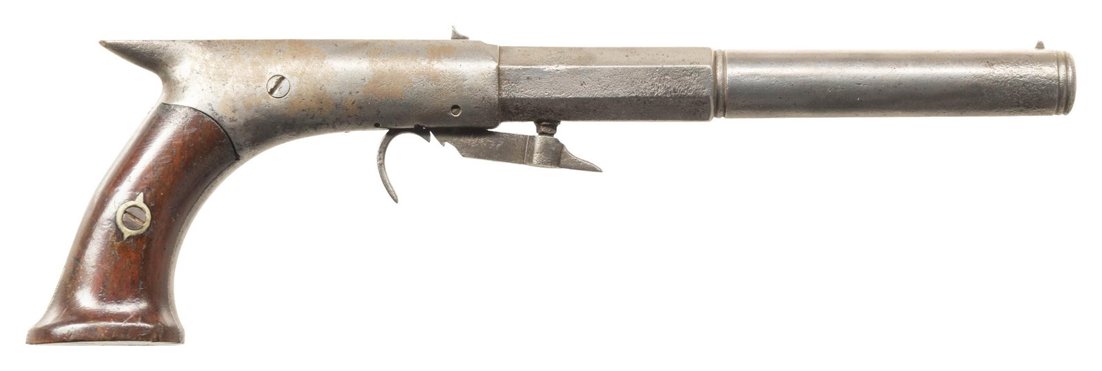 LARGE BLUNT & SYMS UNDERHAMMER PISTOL.: Cal. 40. S# 475. Flayderman shows these well made unmarked saw-handle pistol listed under "Anderson" pistol as once thought to be made in Anderson Texas, (Herschel Logan "Underhammer Guns" 1960) but
