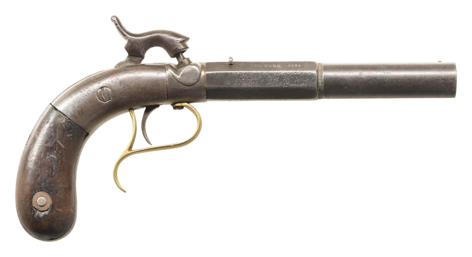 SCARCE MARSTON & KNOX BOX LOCK PERCUSSION SINGLE: SHOT PISTOL. Cal. 36. S# 611. 8.5" overall; 5" 2-stage octagonal to round barrel marked "W.W. MARSTON & KNOX" & "NEW YORK 1854" on adjacent flats, variant brass spurred trigger guard. CONDITION: good