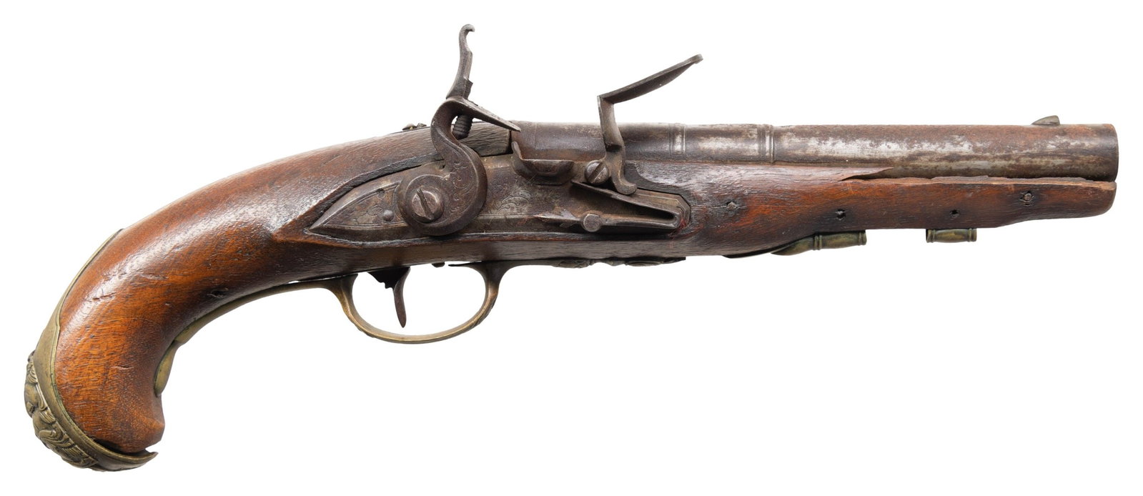 UNMARKED FLINTLOCK PISTOL.: Cal. 64. NSN. Bbl. 7 5/16". Flintlock pistol of unknown original. Lockplate features engraved double line borders, with foliate motifs at the center and tail (also present on the hammer). Bbl.