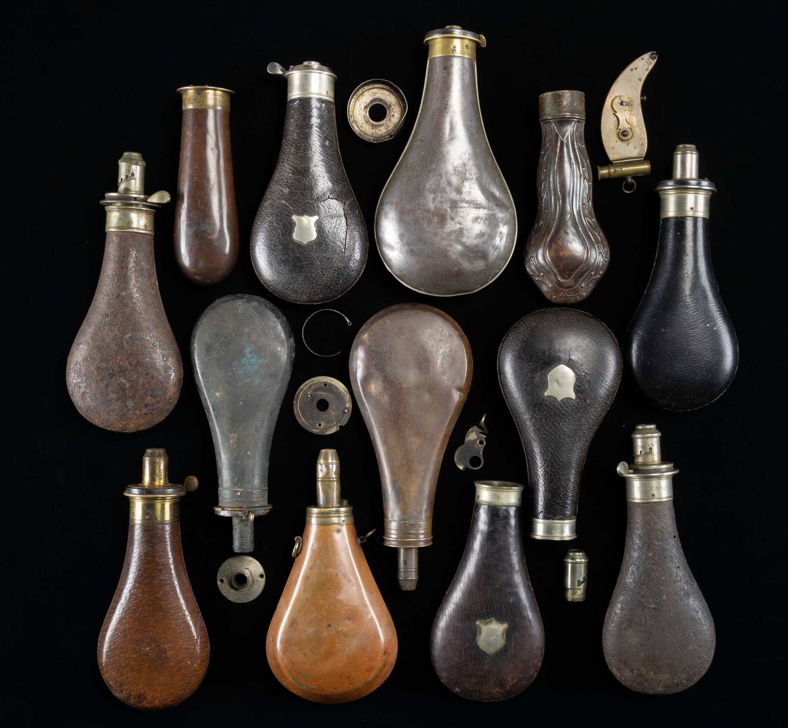 GROUPING OF 13 POWDER FLASKS & 1 CAPPER. (1 of 2)