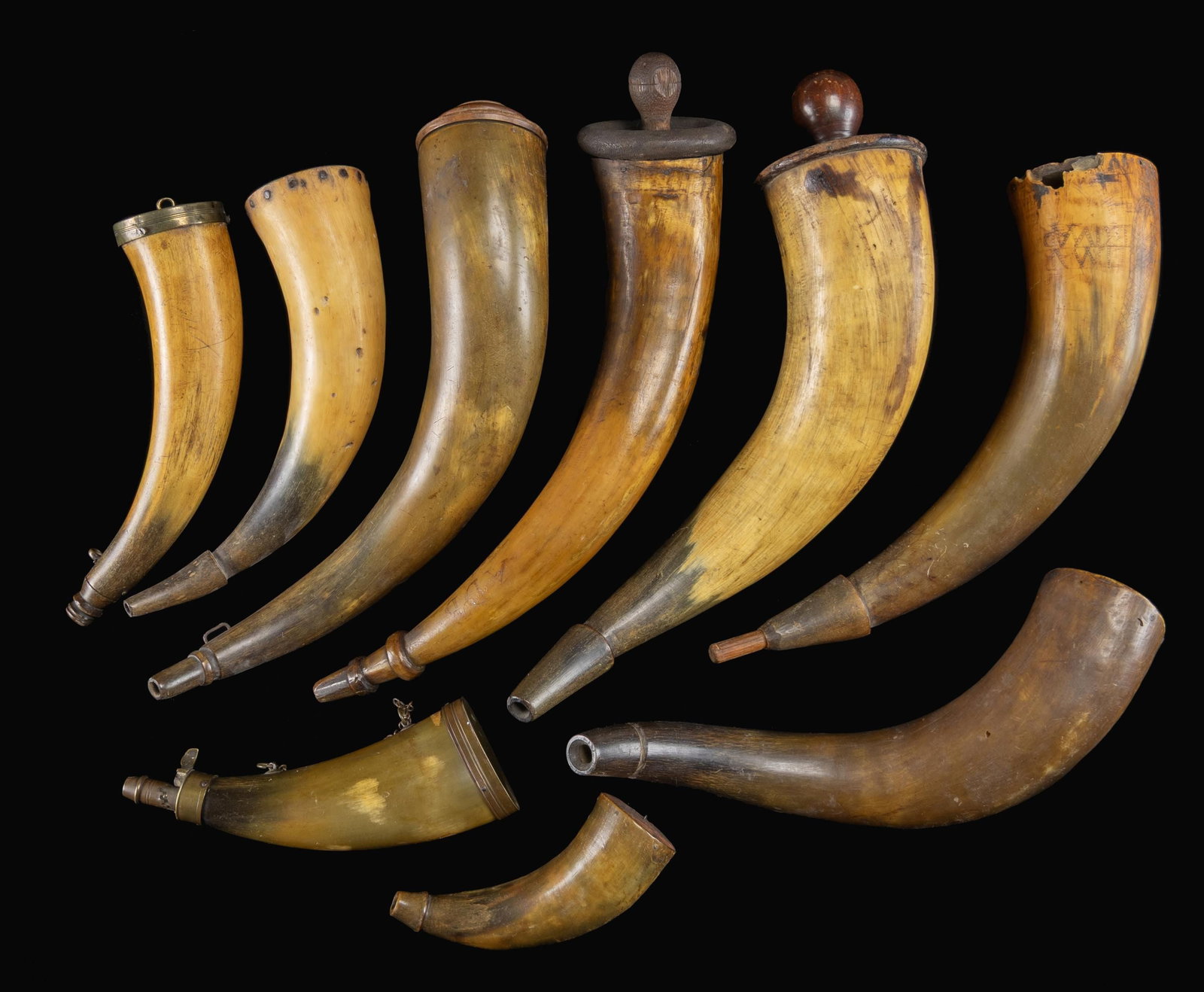 NINE 18th-19th CENTURY POWDER HORNS. (1 of 2)