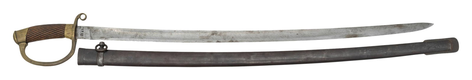 PERSIAN PATTERNED 1881 DRAGOON SWORD & SCABBARD.: Antique sword mfg. in Persia around the turn of the 20th century pattern after the Russian 1881 Dragoon saber. Overall:36.5". Blade 31" w/ Farsi S#. Brass guard has Farsi S#. Grooved wood handle. Stee