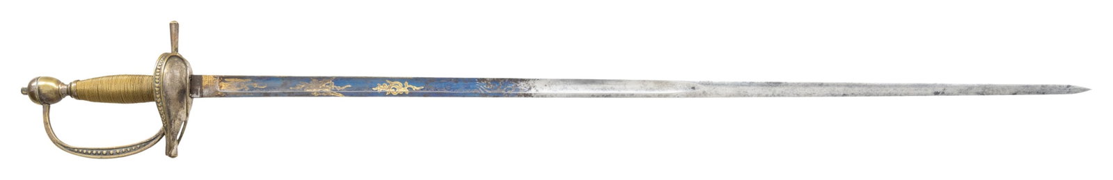 EUROPEAN GENERAL OFFICER SWORD.: A fine example of a late 18th or early 19th century sword likely for a general officer. The sword measures 35 1/2" overall with a 29 1/2" blade that is decorated with gilded etching on a blued field.