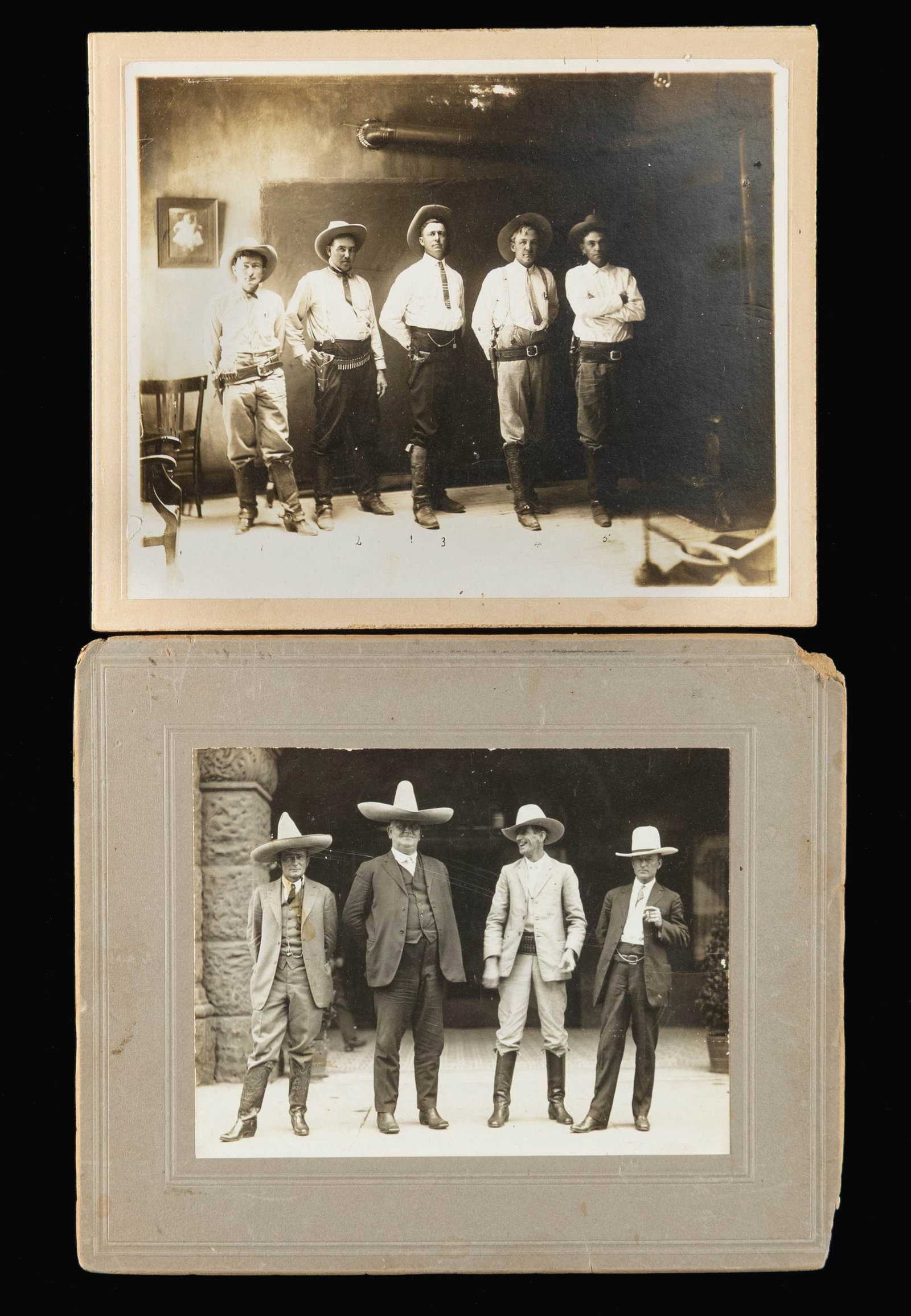 PAIR OF LARGE TEXAS RANGERS PHOTOGRAPHS.: Both 8"x10" on larger boards (Texas Rangers under Capt. Monroe-1917). 5 rangers wearing gun belts and pistols; not all rangers carried single actions. Ranger JA Harwick is wearing a Luger, other range