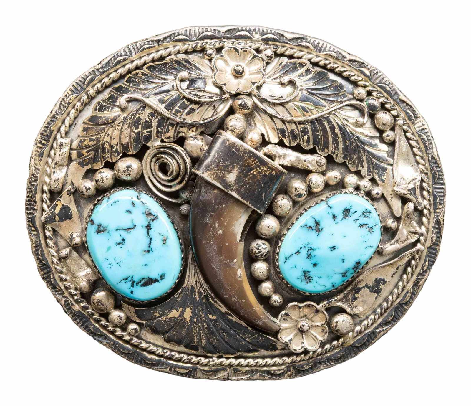 TWO SILVER TURQUOISE & BEAR CLAW DECORATED BELT (1 of 3)
